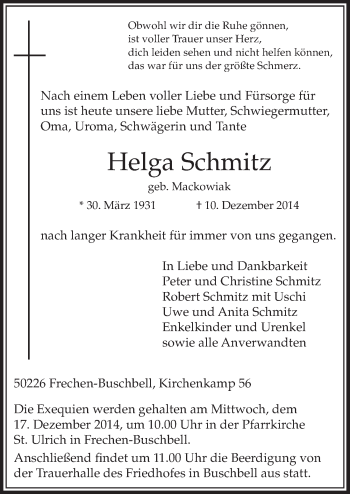Anzeige von Helga Schmitz von  Sonntags-Post 