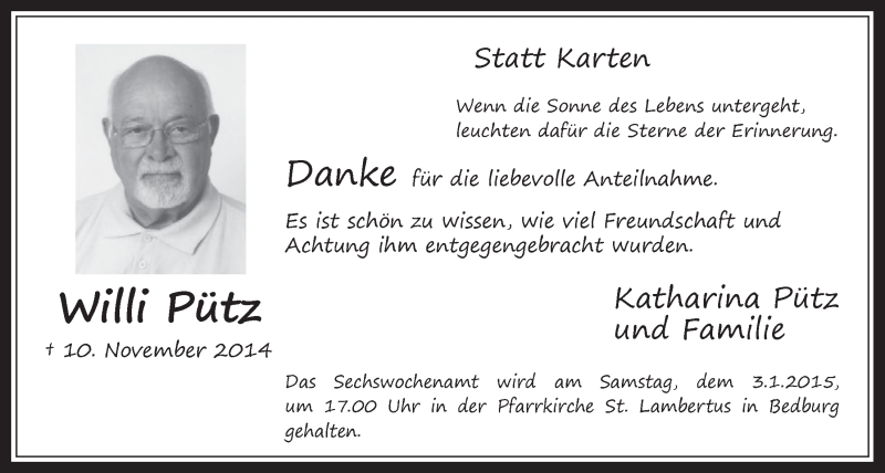  Traueranzeige für Willi Pütz vom 23.12.2014 aus  Werbepost 