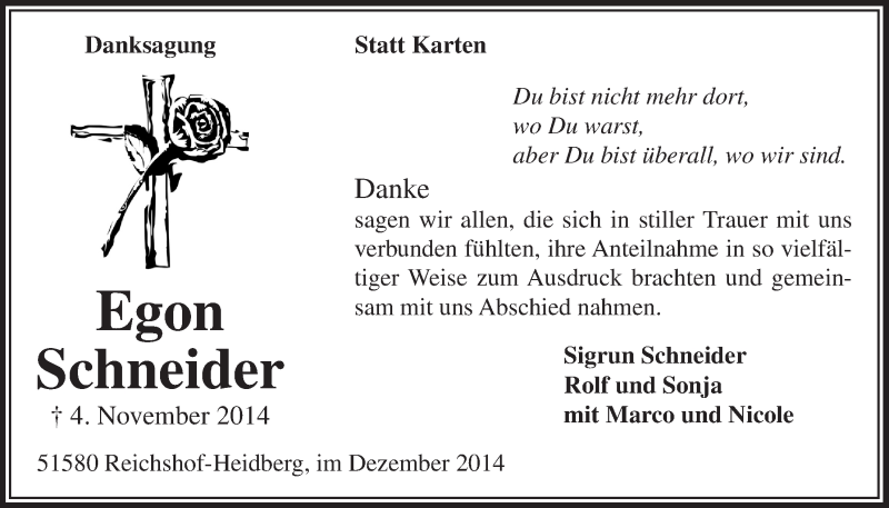  Traueranzeige für Egon Schneider vom 17.12.2014 aus  Lokalanzeiger 