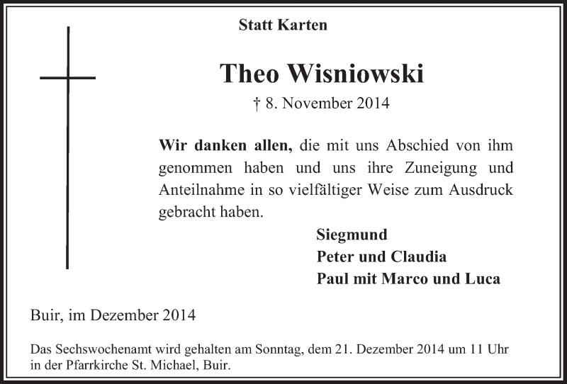  Traueranzeige für Theo Wisniowski vom 13.12.2014 aus  Sonntags-Post 
