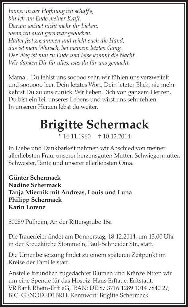  Traueranzeige für Brigitte Schermack vom 13.12.2014 aus  Sonntags-Post 