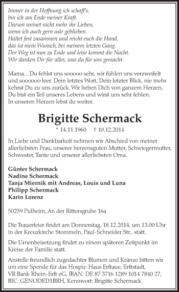 Anzeige von Brigitte Schermack von  Sonntags-Post 