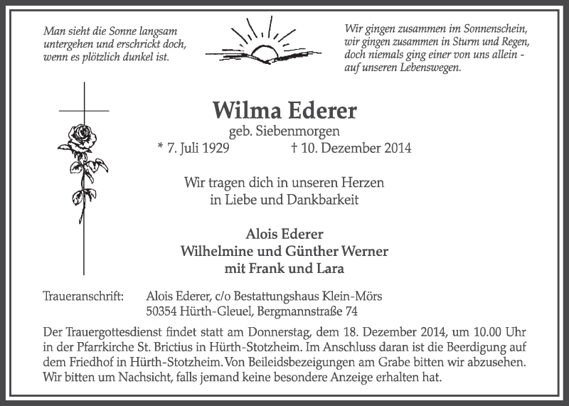 Traueranzeige für Wilma Ederer vom 17.12.2014 aus  Wochenende 