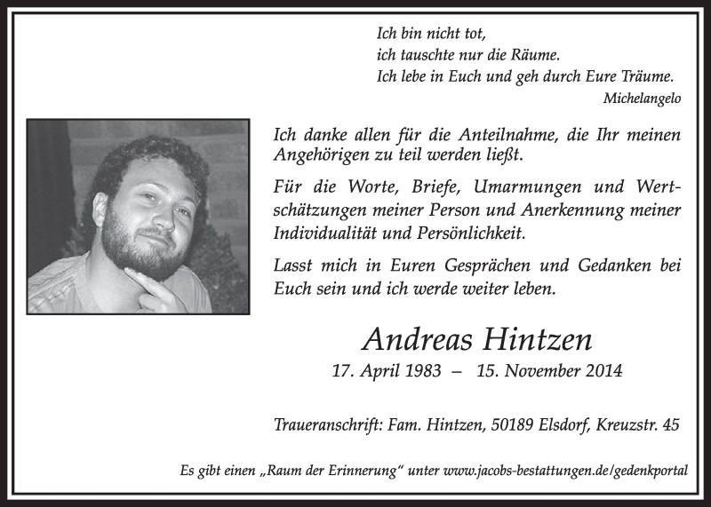  Traueranzeige für Andreas Hintzen vom 10.01.2015 aus  Sonntags-Post 