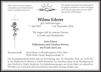 Anzeige von Wilma Ederer von  Sonntags-Post 