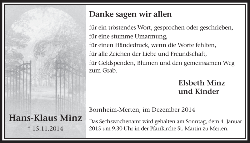  Traueranzeige für Hans-Klaus Minz vom 17.12.2014 aus  Schlossbote/Werbekurier 