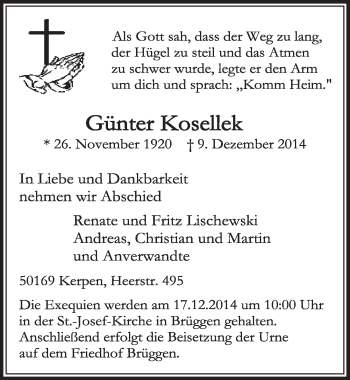 Anzeige von Günter Kosellek von  Sonntags-Post 