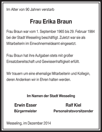 Anzeige von Erika Braun von  Schlossbote/Werbekurier 