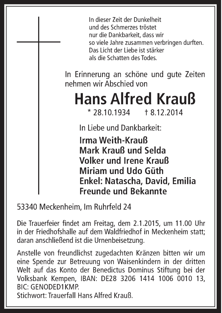  Traueranzeige für Hans Alfred Krauß vom 23.12.2014 aus  Schaufenster/Blickpunkt 