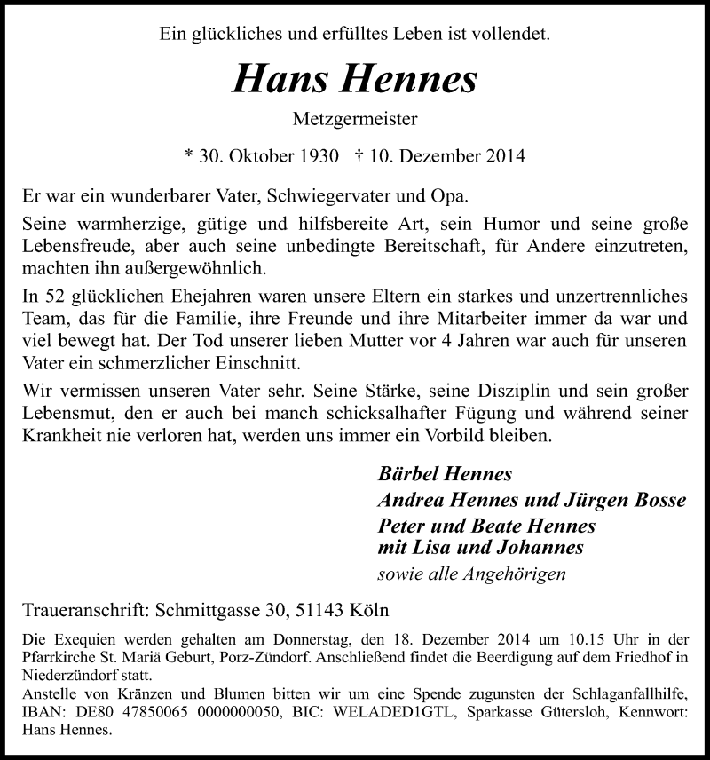  Traueranzeige für Hans Hennes vom 17.12.2014 aus  Kölner Wochenspiegel 
