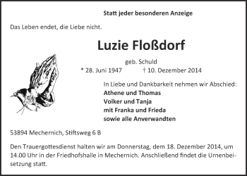 Anzeige von Luzie Floßdorf von  Blickpunkt Euskirchen 