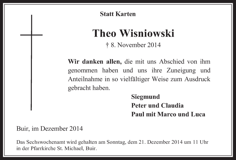  Traueranzeige für Theo Wisniowski vom 17.12.2014 aus  Werbepost 