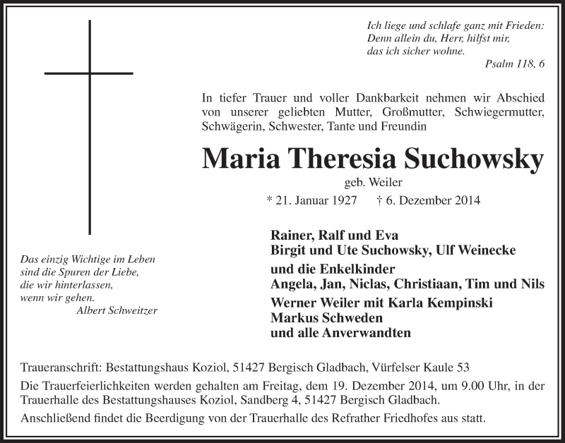  Traueranzeige für Maria Theresia Suchowsky vom 17.12.2014 aus  Bergisches Handelsblatt 