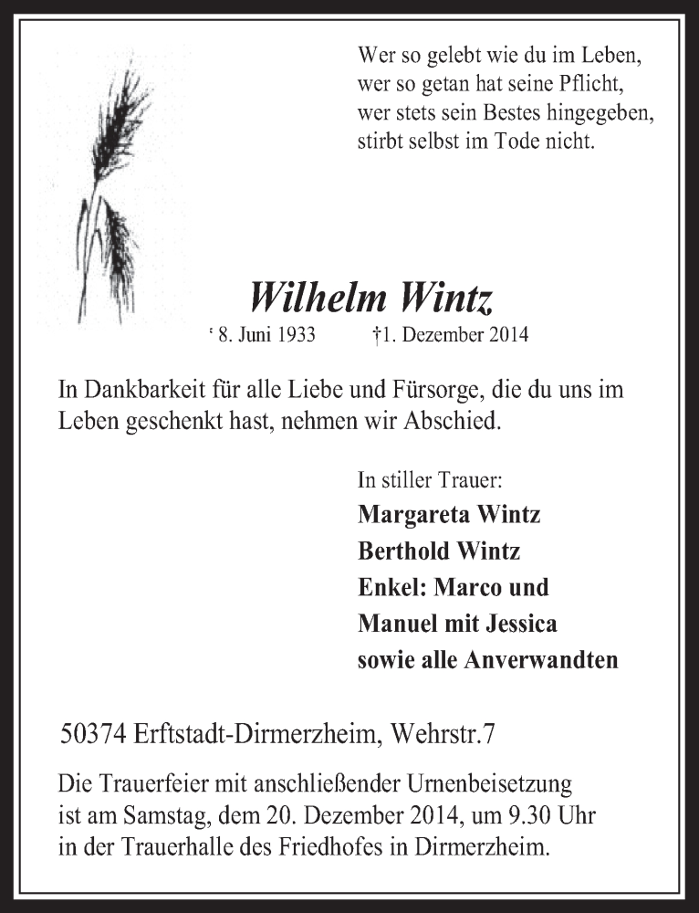  Traueranzeige für Wilhelm Wintz vom 17.12.2014 aus  Werbepost 