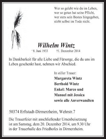 Anzeige von Wilhelm Wintz von  Werbepost 