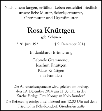 Anzeige von Rosa Knüttgen von  Kölner Wochenspiegel 