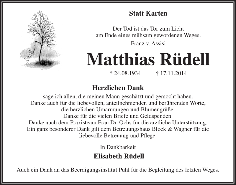  Traueranzeige für Matthias Rüdell vom 17.12.2014 aus  Lokalanzeiger 