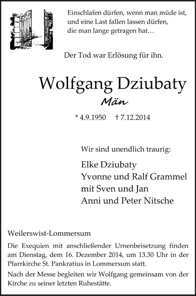  Traueranzeige für Wolfgang Dziubaty vom 14.12.2014 aus  Blickpunkt Euskirchen 