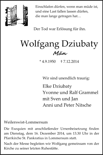 Anzeige von Wolfgang Dziubaty von  Blickpunkt Euskirchen 
