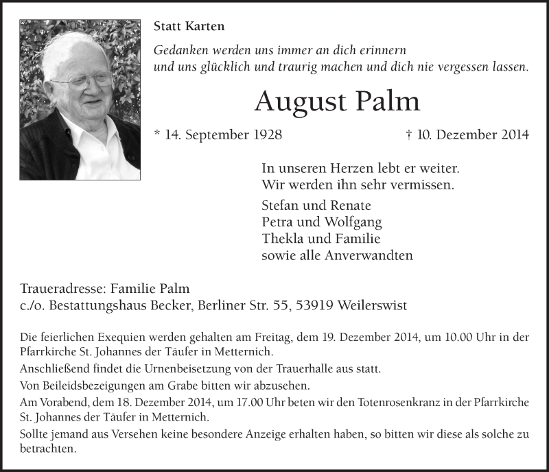 Traueranzeige für August Palm vom 14.12.2014 aus  Blickpunkt Euskirchen 