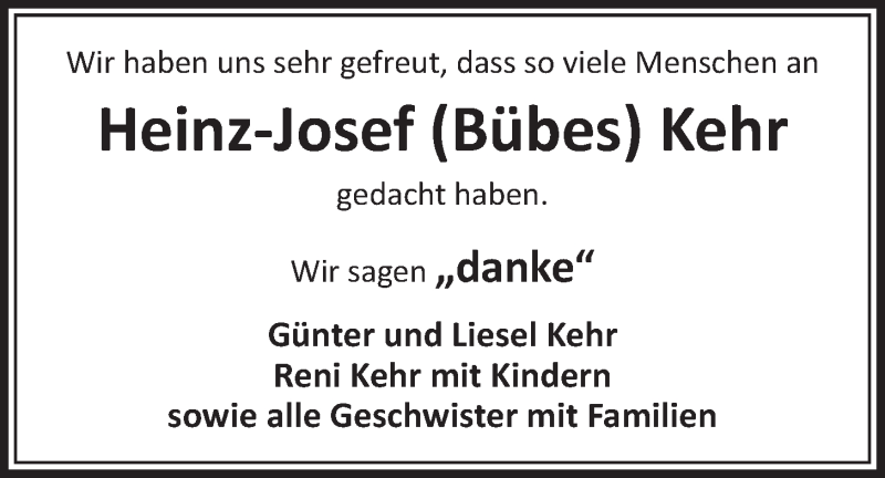  Traueranzeige für Heinz-Josef Kehr vom 17.12.2014 aus  Schlossbote/Werbekurier 