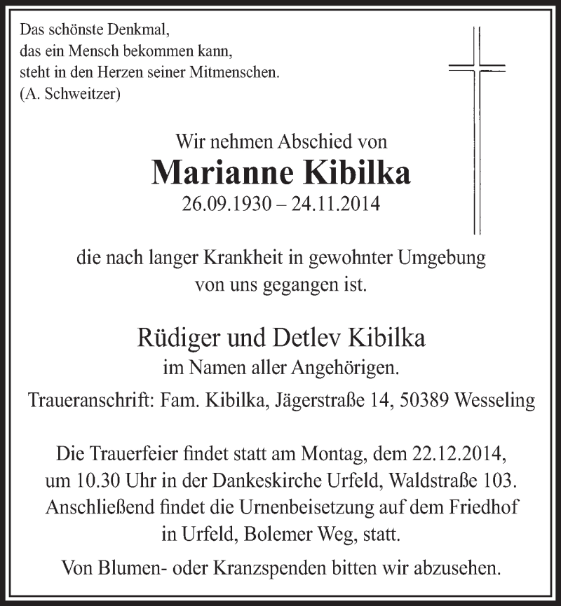  Traueranzeige für Marianne Kibilka vom 17.12.2014 aus  Schlossbote/Werbekurier 