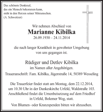 Anzeige von Marianne Kibilka von  Schlossbote/Werbekurier 