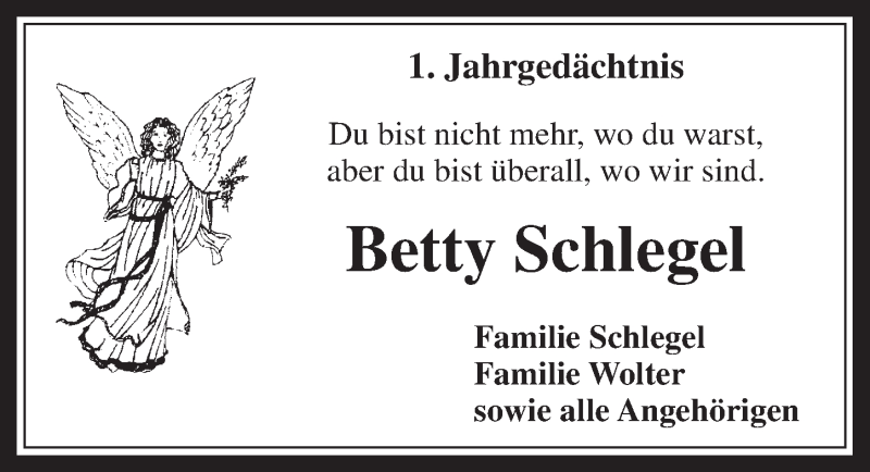  Traueranzeige für Betty Schlegel vom 17.12.2014 aus  Werbepost 