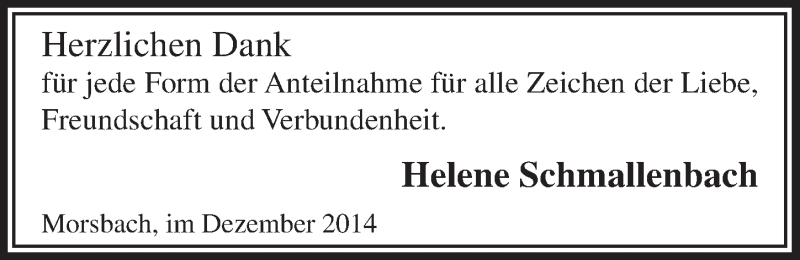  Traueranzeige für Helene Schmallenbach vom 17.12.2014 aus  Lokalanzeiger 