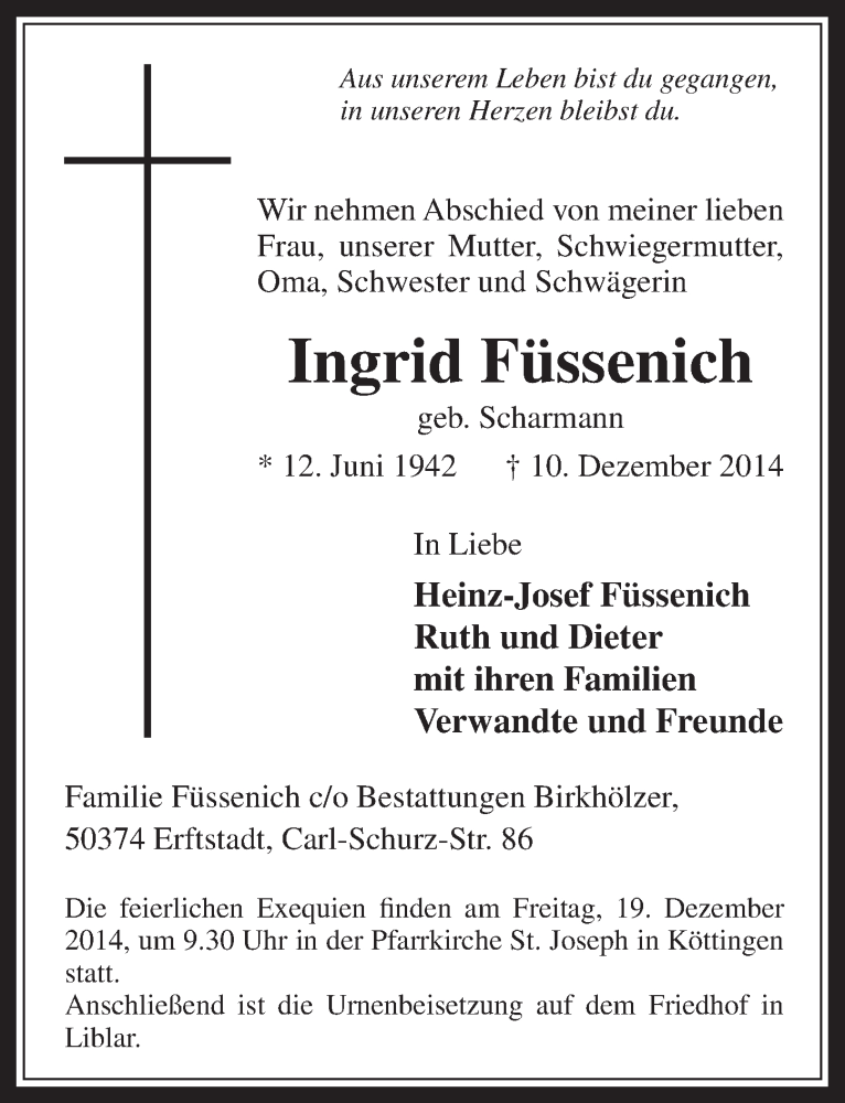  Traueranzeige für Ingrid Füssenich vom 17.12.2014 aus  Werbepost 