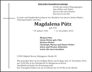 Anzeige von Magdalena Pütz von  Blickpunkt Euskirchen 