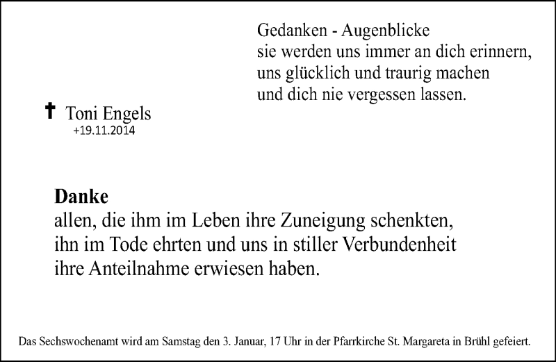  Traueranzeige für Toni Engels vom 17.12.2014 aus  Schlossbote/Werbekurier 