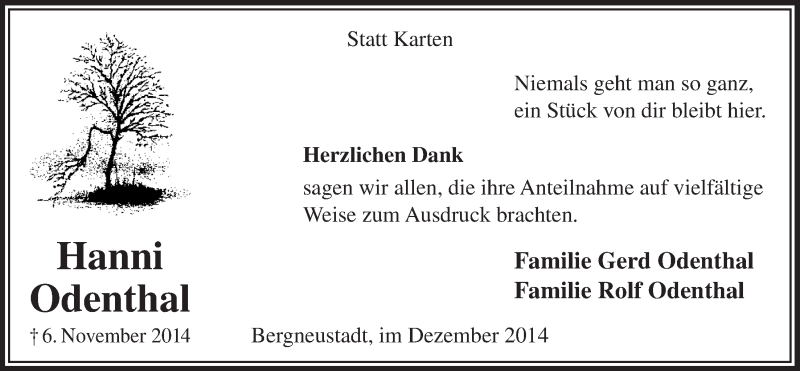  Traueranzeige für Hanni Odenthal vom 17.12.2014 aus  Anzeigen Echo 