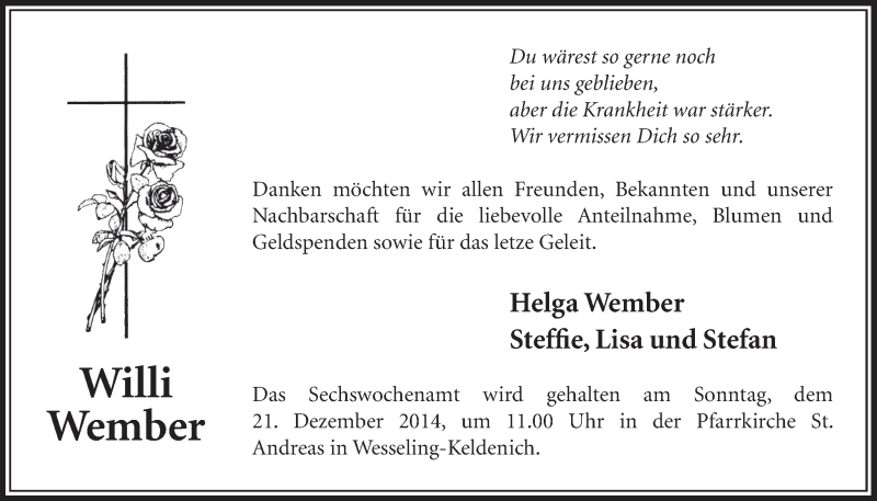 Traueranzeige für Willi Wember vom 17.12.2014 aus  Schlossbote/Werbekurier 
