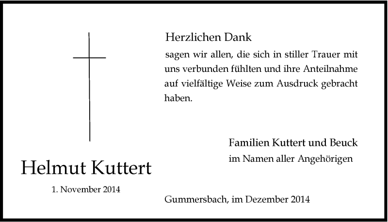  Traueranzeige für Helmut Kuttert vom 17.12.2014 aus  Anzeigen Echo 