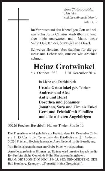 Anzeige von Heinz Grotwinkel von  Wochenende 