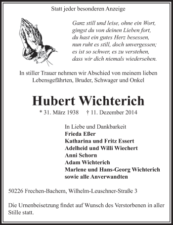 Anzeige von Hubert Wichterich von  Sonntags-Post 