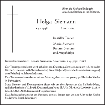 Anzeige von Helga Siemann von  Schlossbote/Werbekurier 