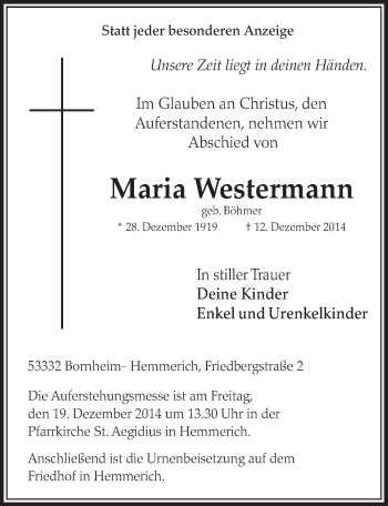 Anzeige von Maria Westermann von  Schlossbote/Werbekurier 