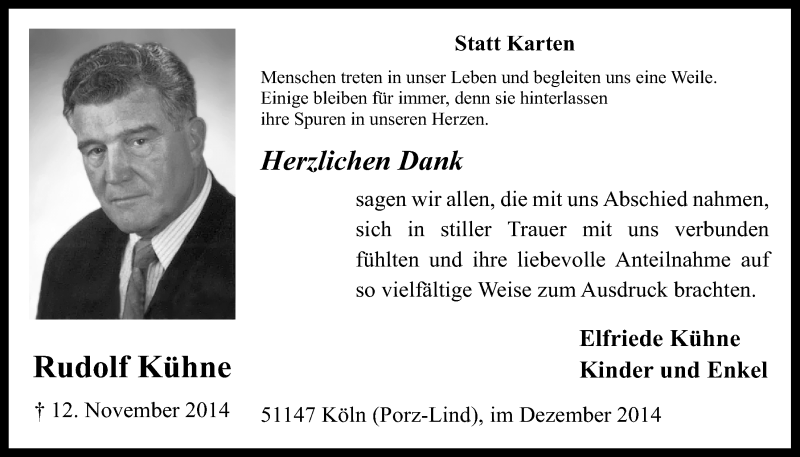  Traueranzeige für Rudolf Kühne vom 17.12.2014 aus  Kölner Wochenspiegel 