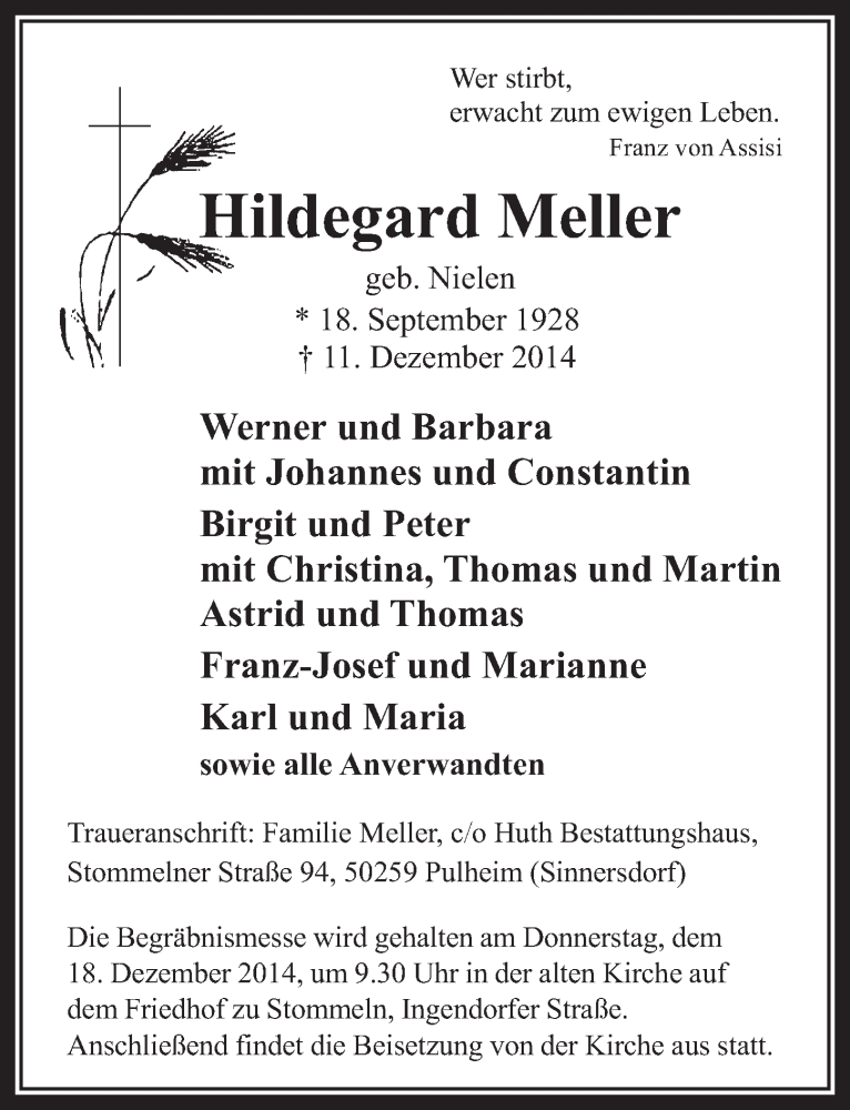  Traueranzeige für Hildegard Meller vom 17.12.2014 aus  Wochenende 