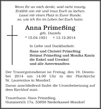 Anzeige von Anna Primeßing von  Extra Blatt 