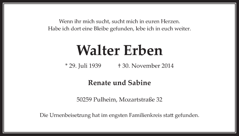  Traueranzeige für Walter Erben vom 17.12.2014 aus  Wochenende 