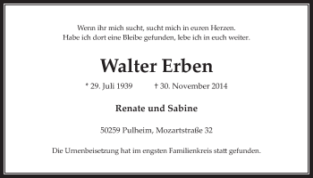 Anzeige von Walter Erben von  Wochenende 