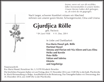 Anzeige von Gjurdjica Rölle von  Lokalanzeiger 