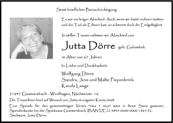Anzeige von Jutta Dörre von  Anzeigen Echo 