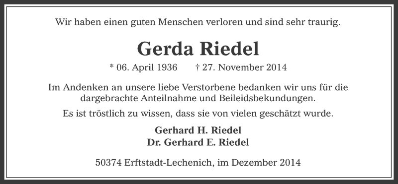 Traueranzeige für Gerda Riedel vom 17.12.2014 aus  Werbepost 