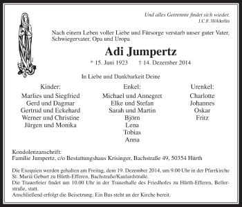 Anzeige von Adi Jumpertz von  Wochenende 