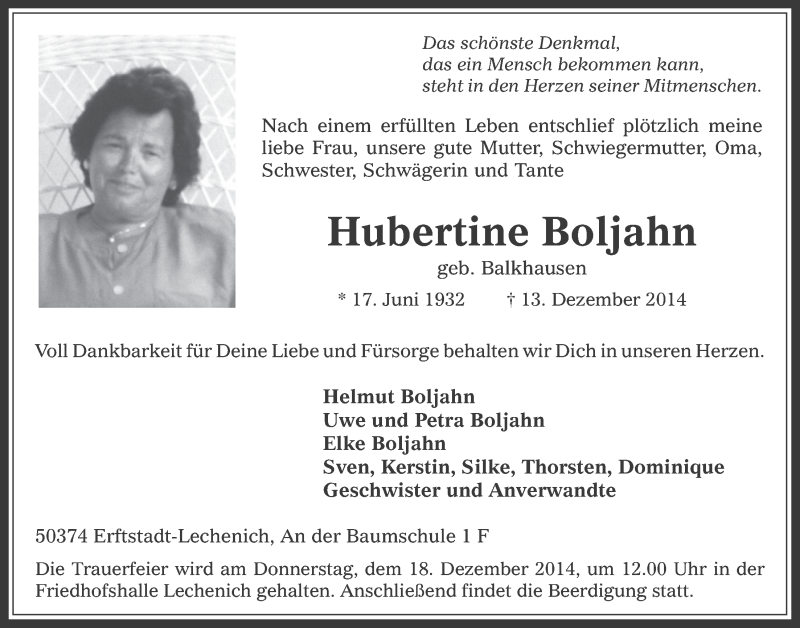  Traueranzeige für Hubertine Boljahn vom 17.12.2014 aus  Werbepost 