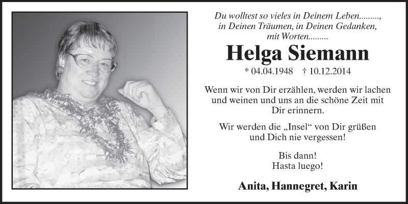  Traueranzeige für Helga Siemann vom 17.12.2014 aus  Schlossbote/Werbekurier 